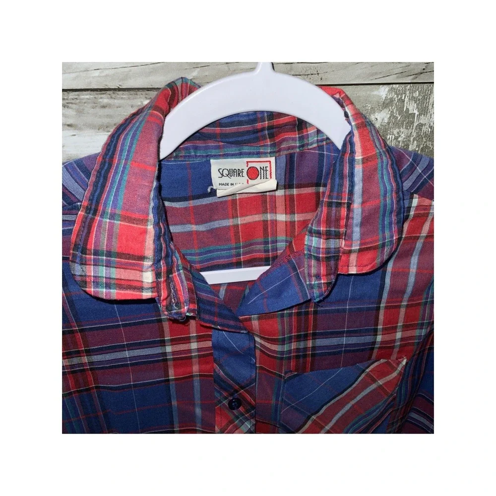 Vintage Square One Girls Red Blue‎ Plaid Button Front Long Sleeve Top Size 14